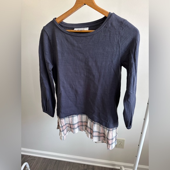 Loft Gray 3/4 Sleeve Crewneck Plaid Flounce Cotton Top - Picture 1 of 4